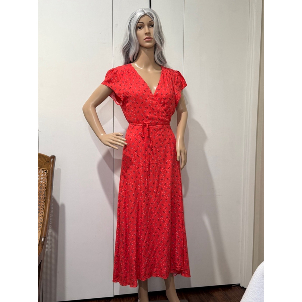 Women's Cloud Ten Floral lined flutter sleeve Print Wrap Dress Size L Red EUC